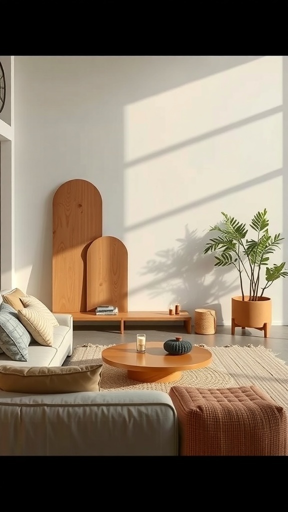 A cozy living room featuring modern organic design with warm wood tones, soft textures, and plants.