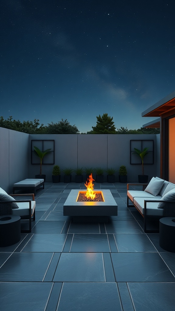 A modern slate patio featuring a fire pit and comfortable seating under a starry night sky.