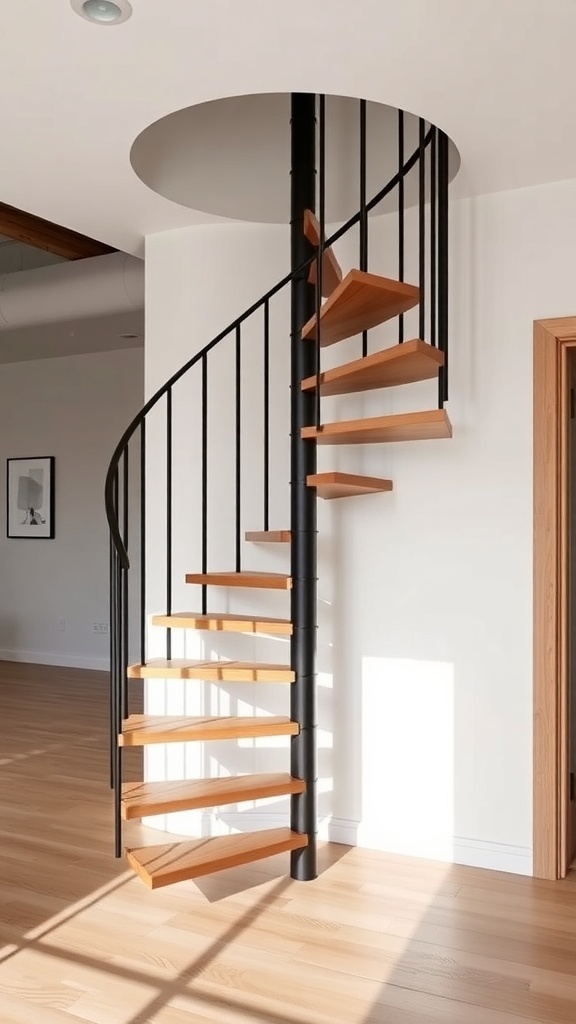A modern spiral staircase with black metal railing and wooden steps, featuring a circular cutout above.