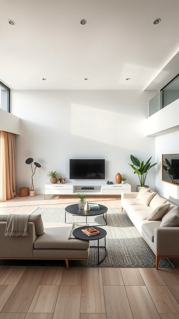 A modern living room featuring clean lines, neutral colors, and minimal decor.