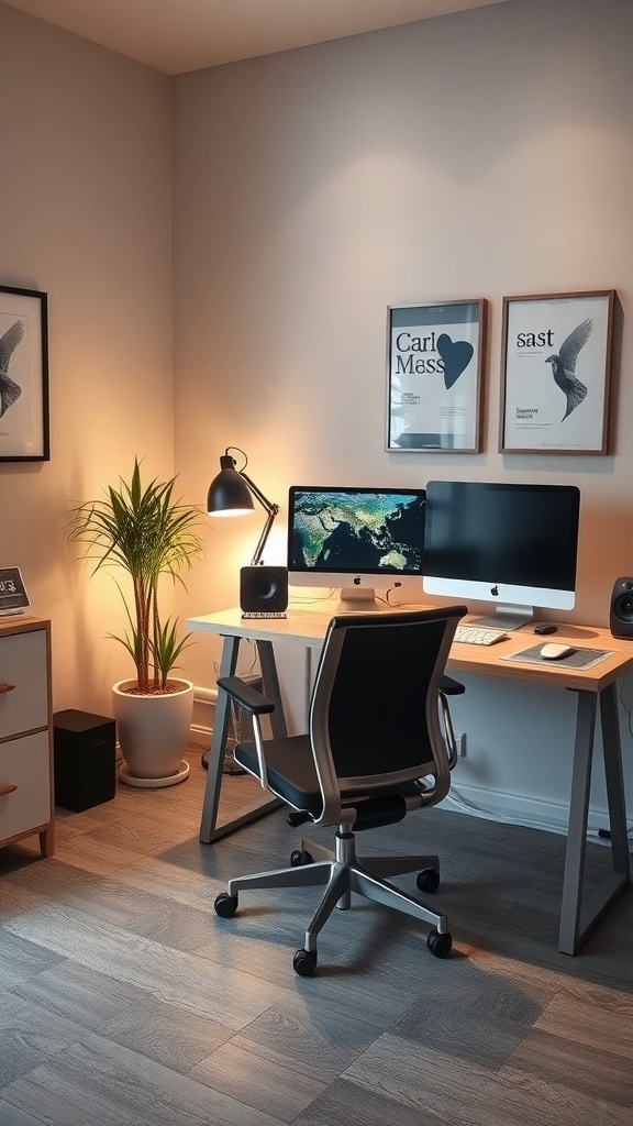 A modern home office setup featuring two monitors, a stylish lamp, and a potted plant.