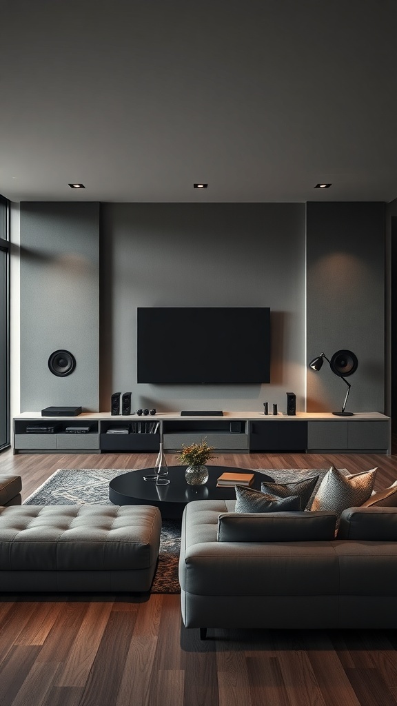 A modern masculine living room featuring a large flat-screen TV, sleek furniture, and smart lighting.