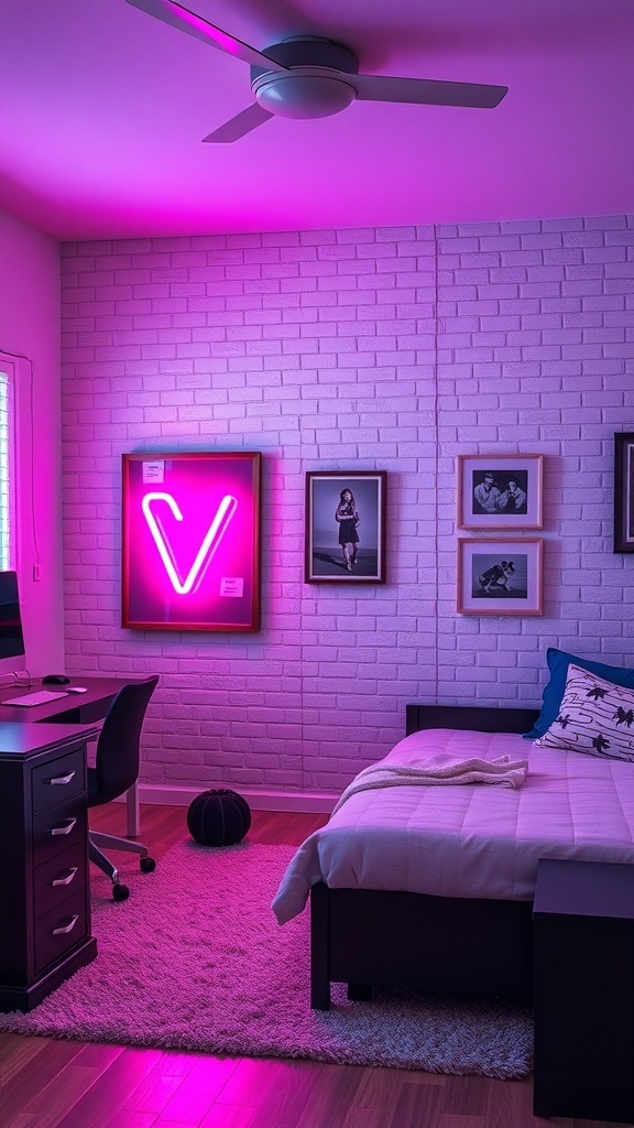 A modern teen bedroom featuring pink walls, black furniture, and a neon sign.