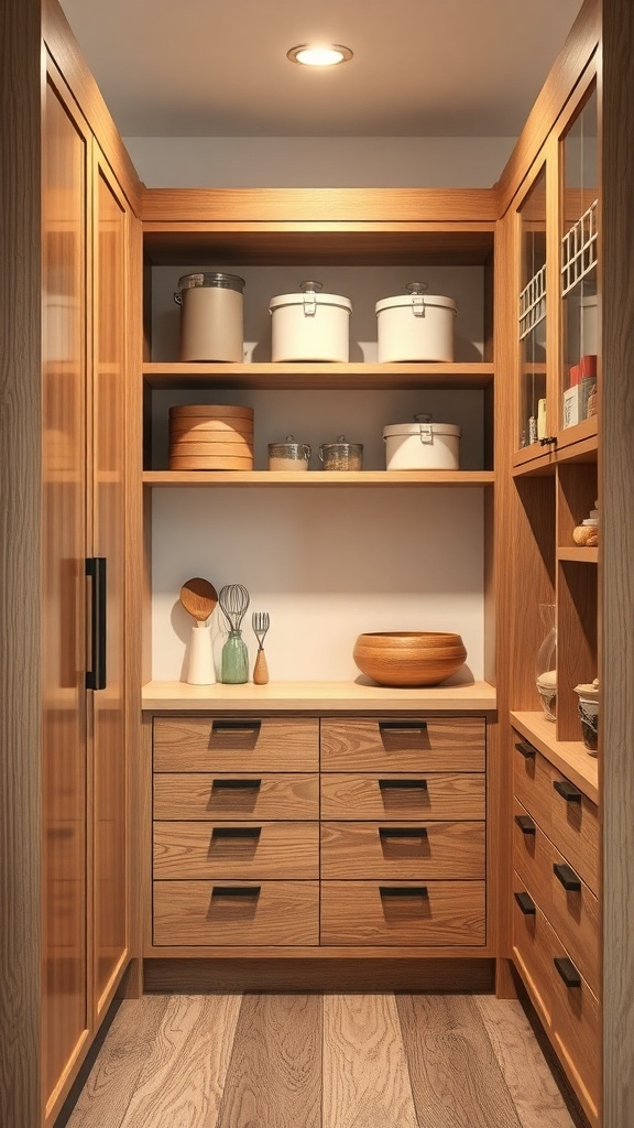 A modern wood pantry with organized shelves and drawers, showcasing natural materials and a clean design.