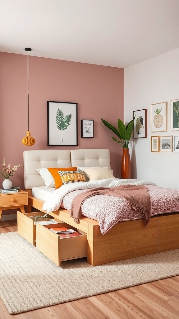 A stylish modular bed frame with built-in storage, featuring light wood finish and cozy bedding, set against a soft pink wall.
