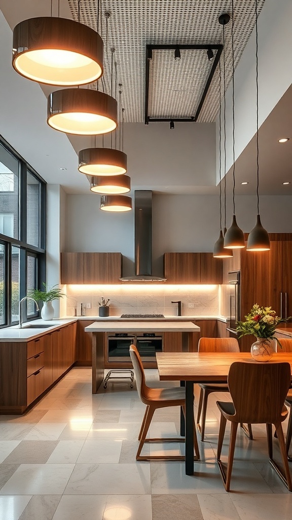 Stylish kitchen with modular pendant lighting and wooden accents