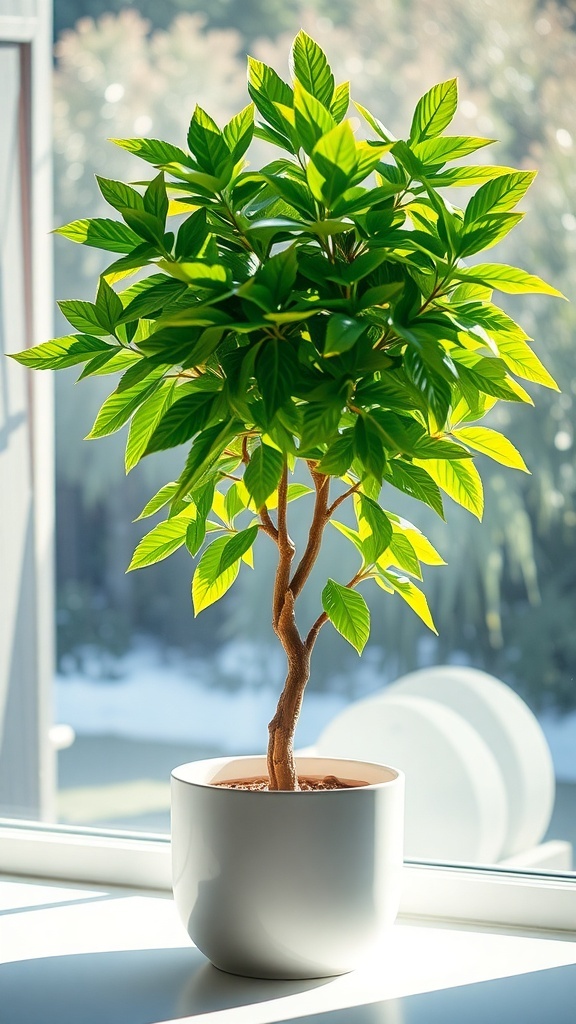 A vibrant Money Tree in a white pot, basking in sunlight by a window.
