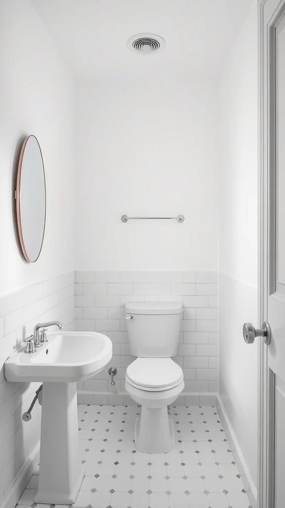 A small bathroom featuring a monochromatic white color scheme with a round mirror, white tiles, and modern fixtures.