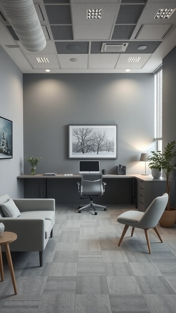 A modern office space featuring a monochromatic gray color palette with a desk, chair, and artwork.