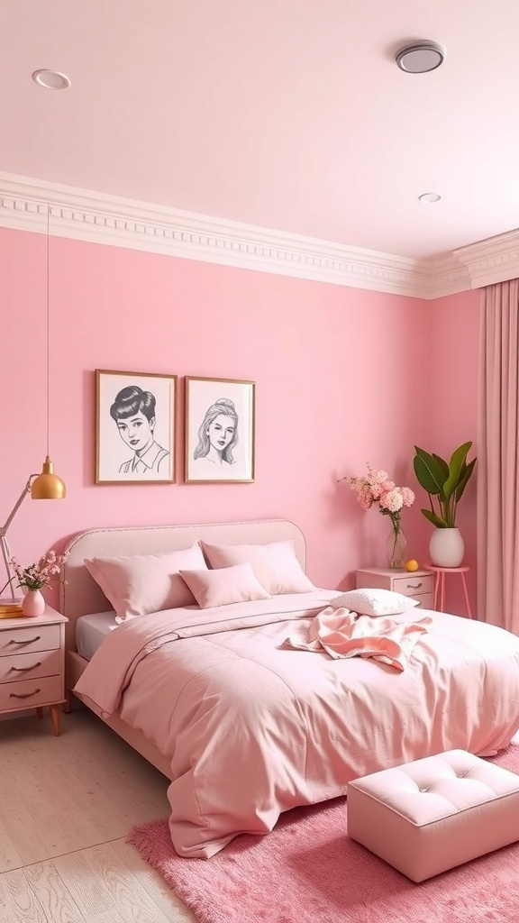 A chic pink bedroom featuring a monochromatic color palette with soft pink walls, bedding, and decor.