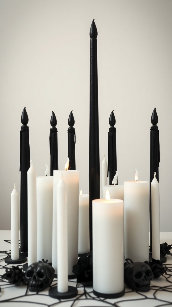 Monochrome candle cluster featuring black and white candles with skull accents