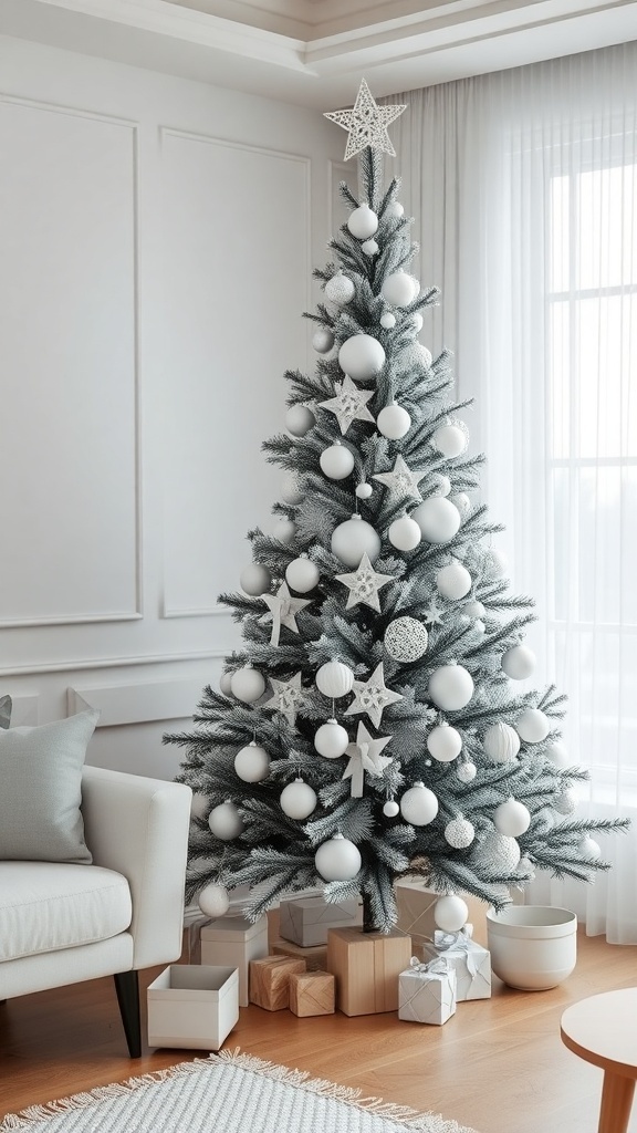 A modern monochrome Christmas tree decorated with white and silver ornaments in a stylish living room.