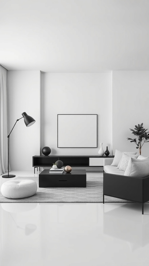 A minimalist black and white living room featuring geometric furniture and decor.