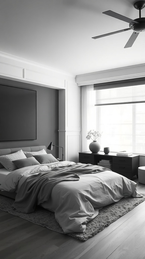 A stylish grey bedroom featuring layered bedding, a dark accent wall, and natural light.