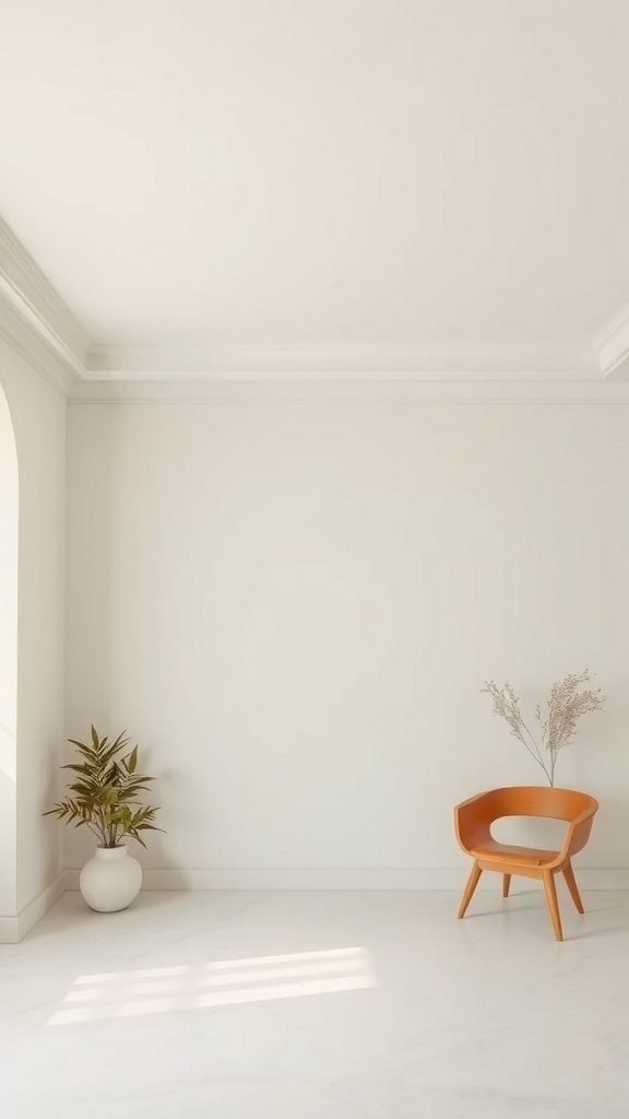 A minimalist room with soft neutral walls and ceiling, featuring an orange chair and a plant.