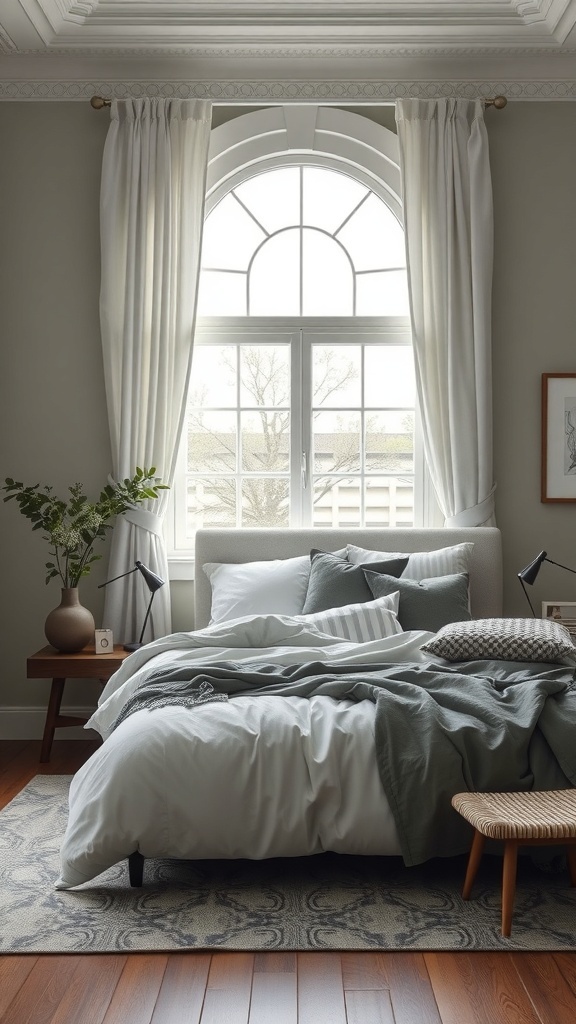 A serene Japandi-style bedroom featuring a neutral color palette with soft green accents, layered bedding, and natural light.