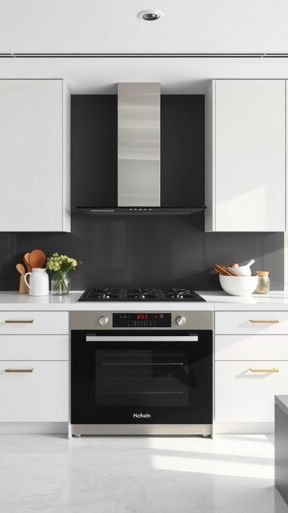 Modern kitchen with black backsplash and white cabinetry