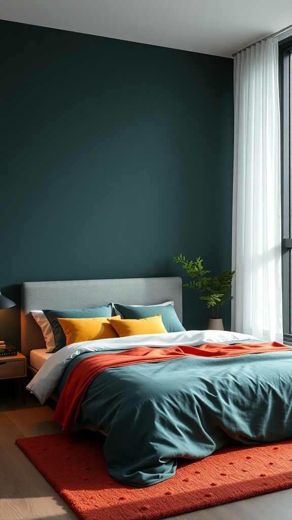 A modern bedroom with a deep teal wall, featuring a bed with teal and yellow bedding, an orange blanket, and a textured rug.