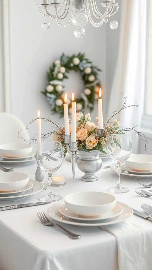 Elegant monochrome tablescape with white plates, silver accents, and a floral centerpiece.