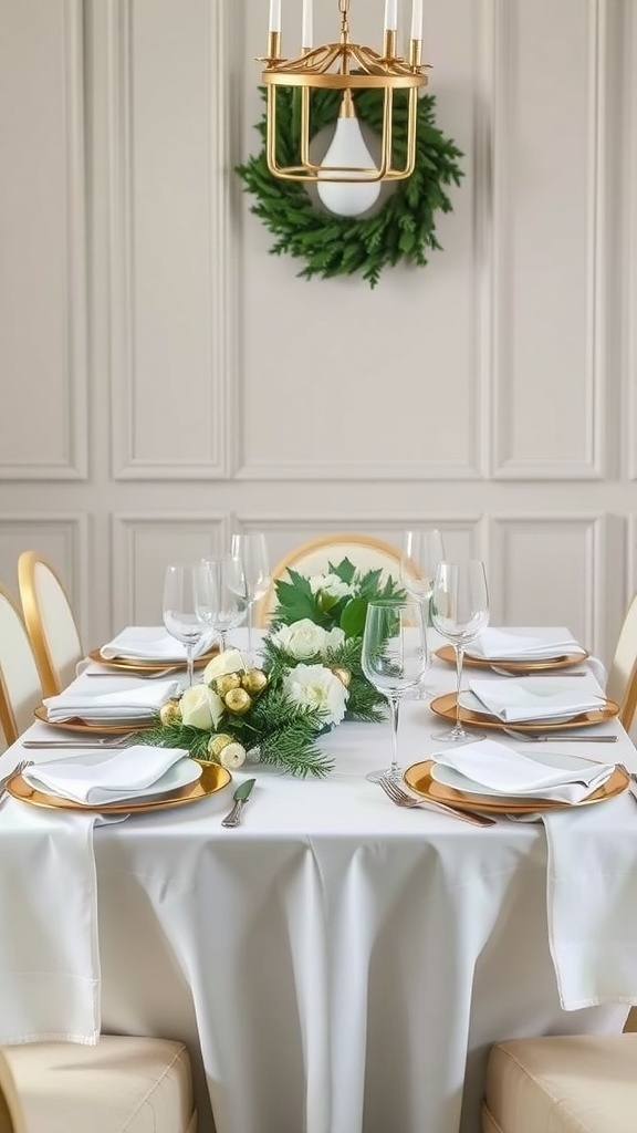 A minimalist monochrome tablescape featuring white linens, gold accents, and a centerpiece of white roses and greenery.