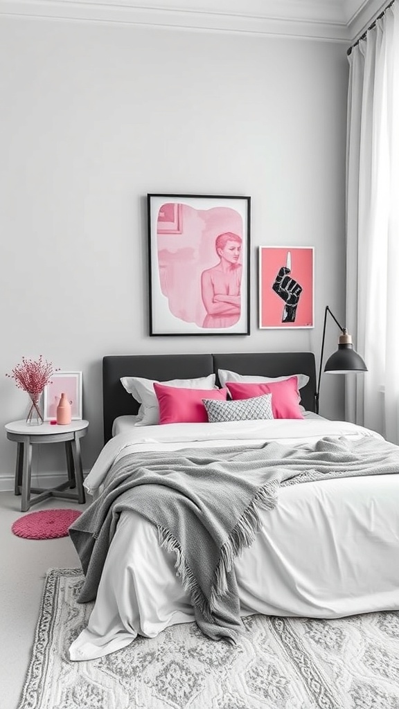 A stylish bedroom featuring a black headboard, white bedding, and vibrant pink accents, including pillows and artwork.