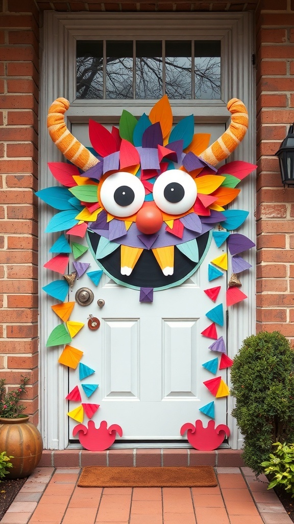 A colorful monster face decoration on a front door, featuring large eyes, a big smile, and vibrant paper cutouts.