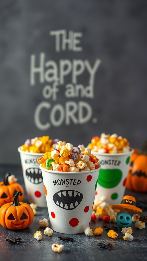 Colorful popcorn cups with monster faces, surrounded by Halloween decorations like pumpkins and spiders.
