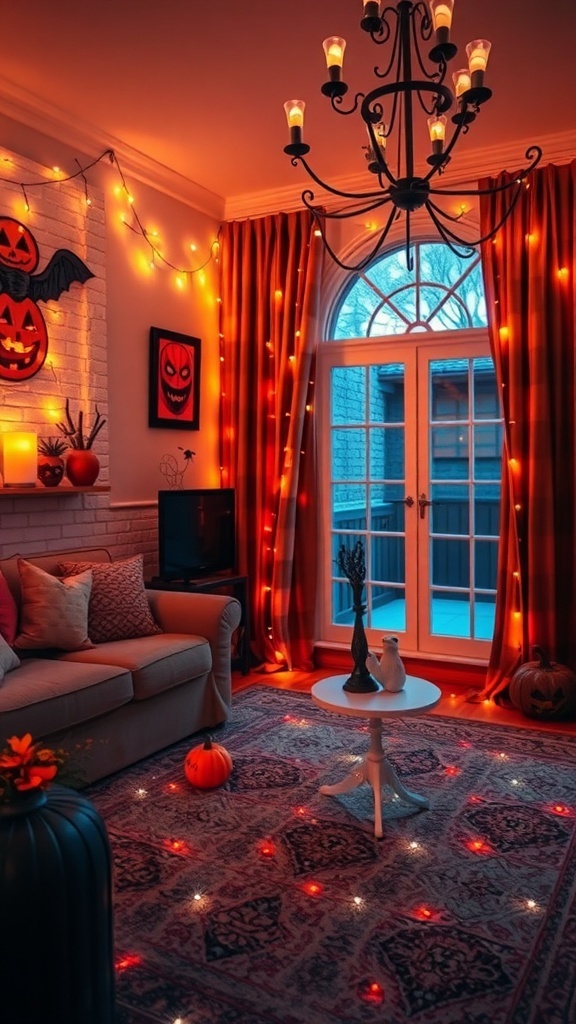 Cozy Halloween living room with fairy lights and festive decor