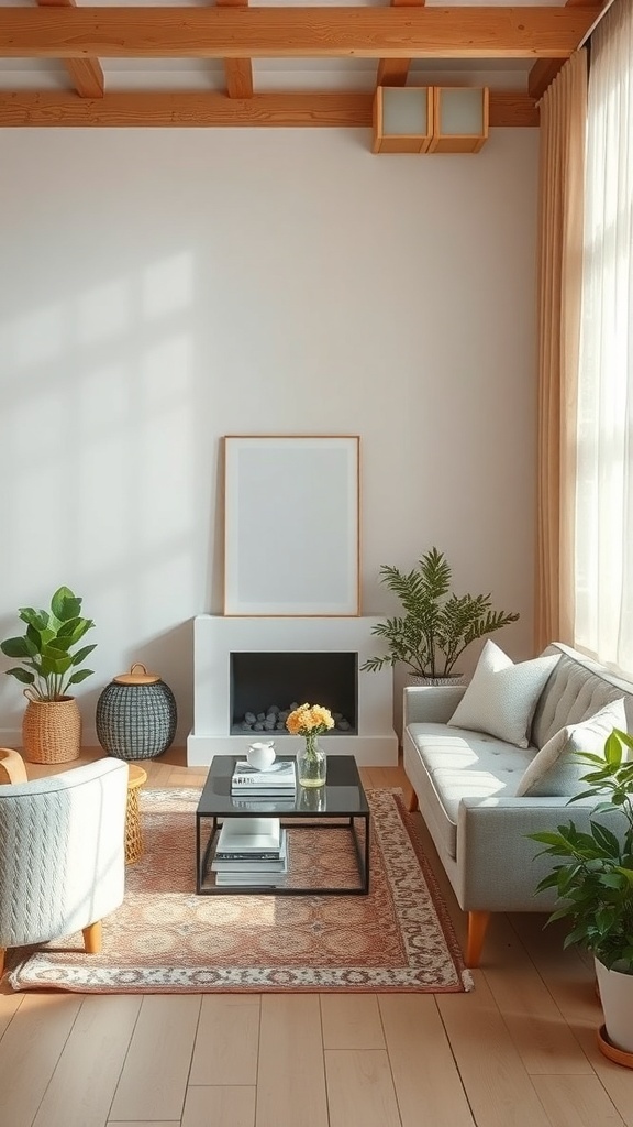 A cozy living room with light walls, plants, and warm wood accents, creating an inviting atmosphere.