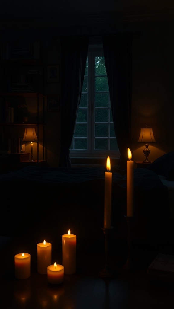 A dimly lit bedroom with candles on a table, creating a cozy atmosphere.