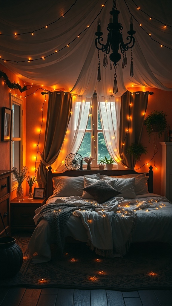 A cozy Gothic Boho bedroom with warm fairy lights draped around the window and curtains, creating a magical atmosphere.