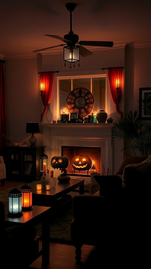 A cozy living room decorated for Halloween with lanterns and carved pumpkins.