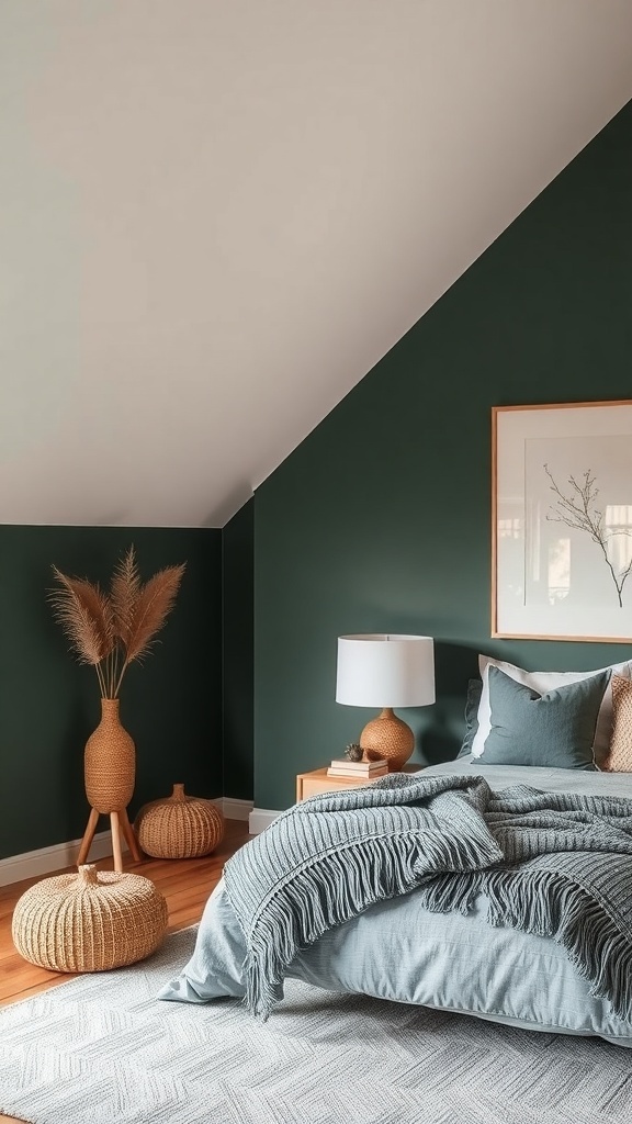Cozy bedroom with a moody green accent wall, light bedding, and natural decor elements.