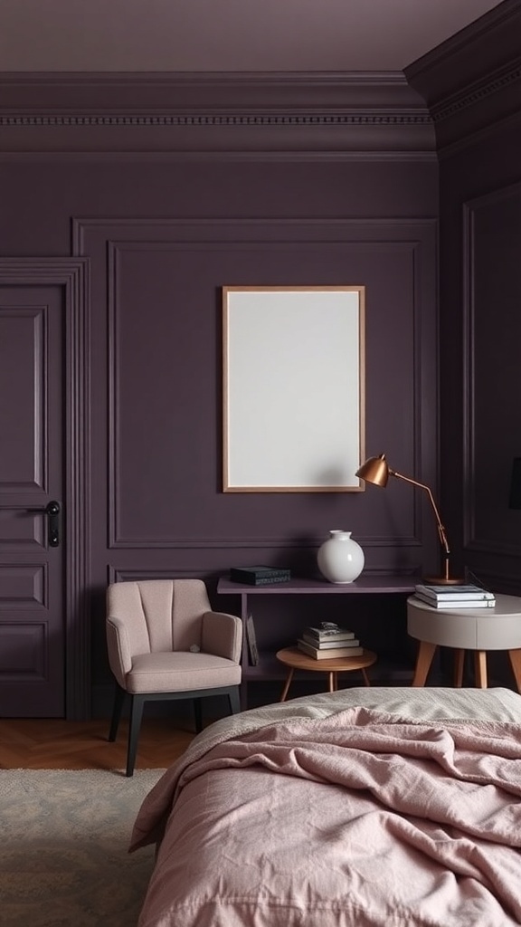 A cozy bedroom featuring moody aubergine walls with taupe trim, a light pink chair, and warm wood flooring.