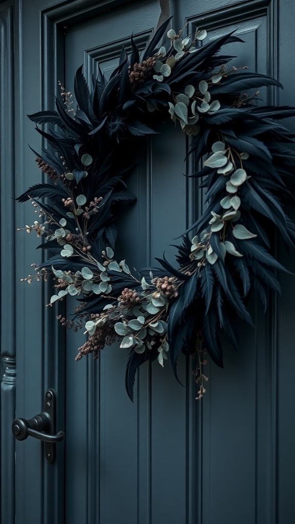 A dark feather and eucalyptus wreath hanging on a door.