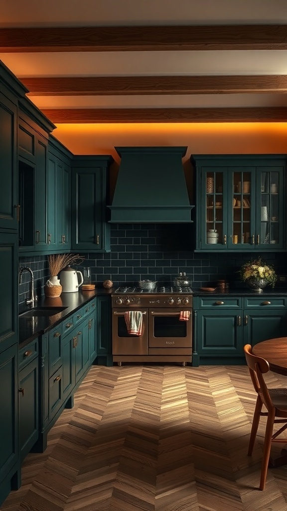 A modern kitchen featuring moody dark green cabinets, warm wood elements, and stylish lighting.