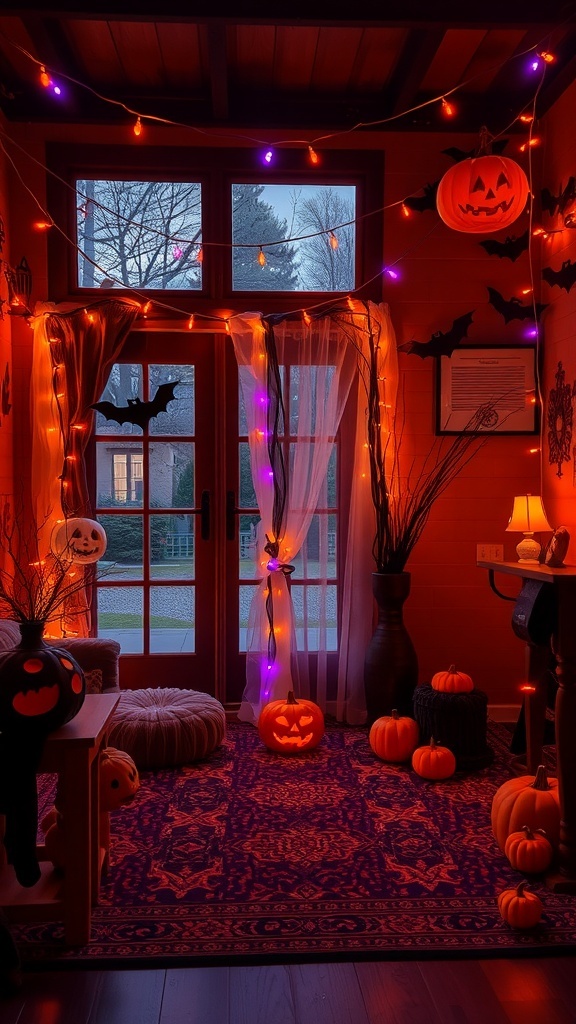 A cozy room decorated with colorful fairy lights for Halloween, featuring pumpkins and bat decorations.