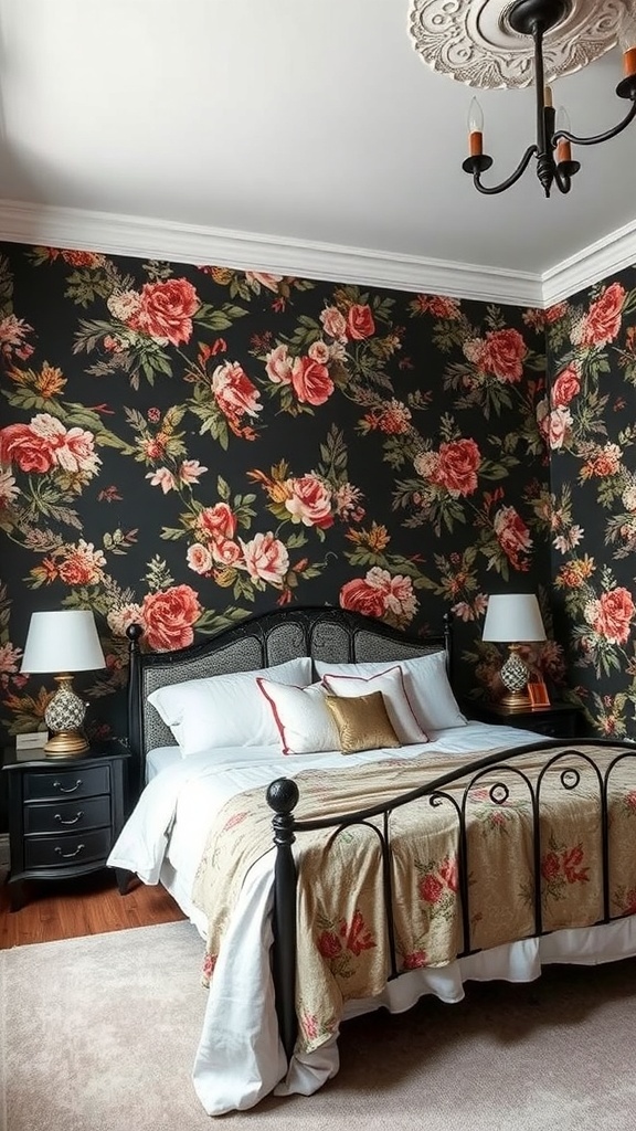 A dark feminine bedroom featuring moody floral wallpaper with roses and greenery against a black background, complemented by a plush bed and warm lighting.