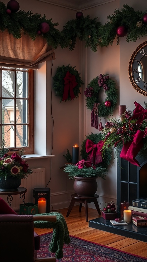 A cozy room decorated for Christmas with moody jewel tones, featuring wreaths, candles, and festive accents.