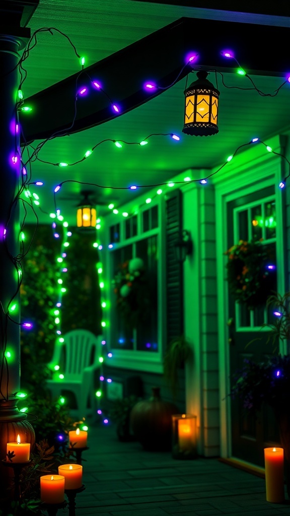 A Halloween porch decorated with green and purple string lights, warm lanterns, and flickering candles.