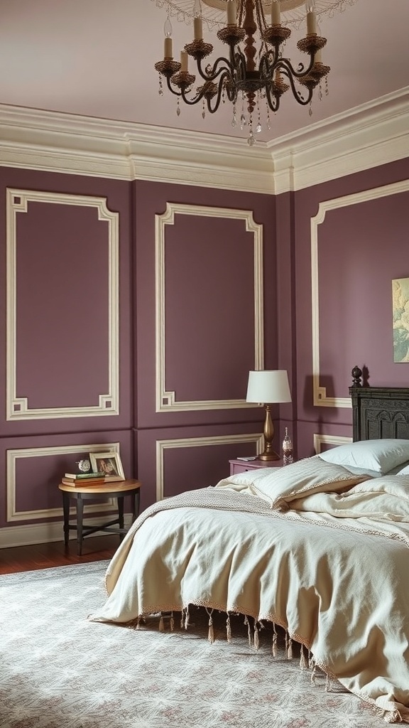 A cozy bedroom featuring moody mauve walls with cream trim, a chandelier, and soft bedding.