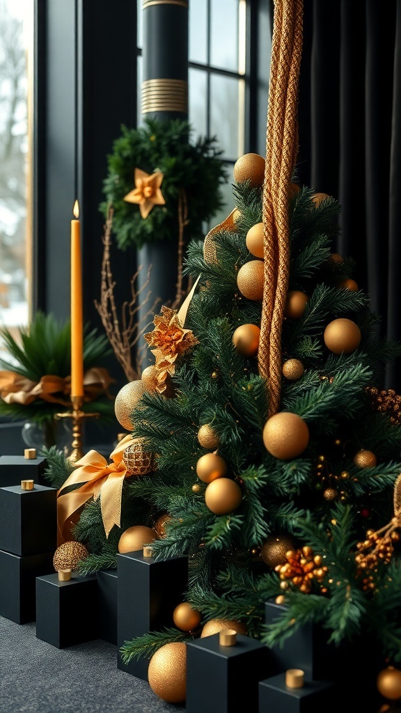 A beautifully decorated Christmas tree with golden ornaments and a warm candlelight glow, set against a dark backdrop.