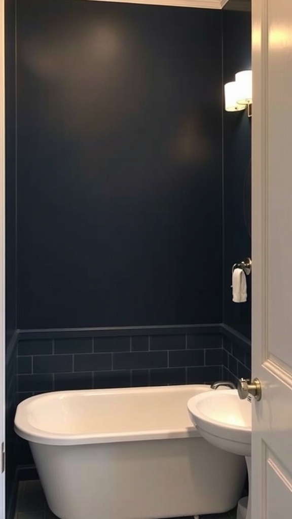 A bathroom with a deep navy accent wall, featuring a freestanding tub and modern fixtures.