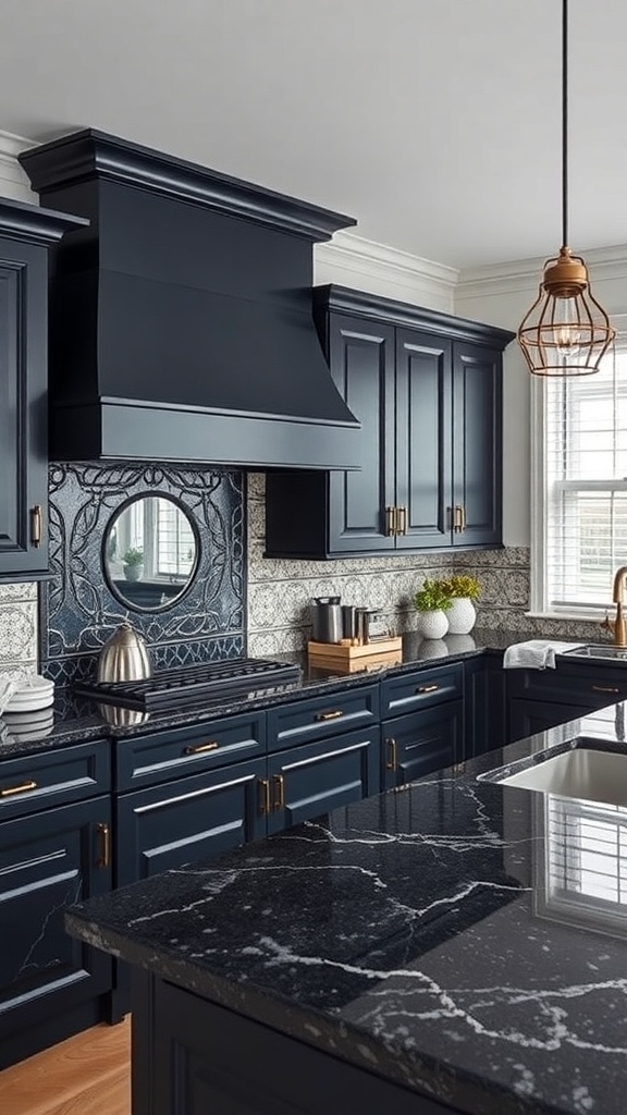 A modern kitchen featuring dark cabinetry and Mystic Blue Granite countertops, showcasing rich navy tones and subtle veining.