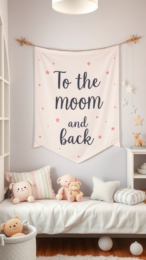 Moon-themed kids' room decor with a wall banner and soft cushions.