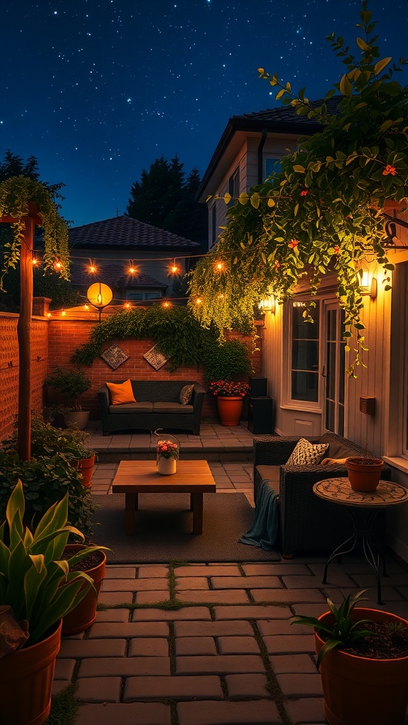 A cozy courtyard garden at night with ambient lighting, comfortable seating, and potted plants.
