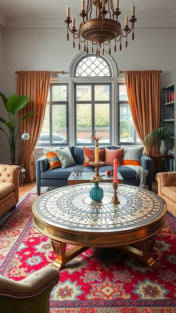 A Moroccan-inspired brass inlay coffee table in a cozy living room setting with colorful decor.