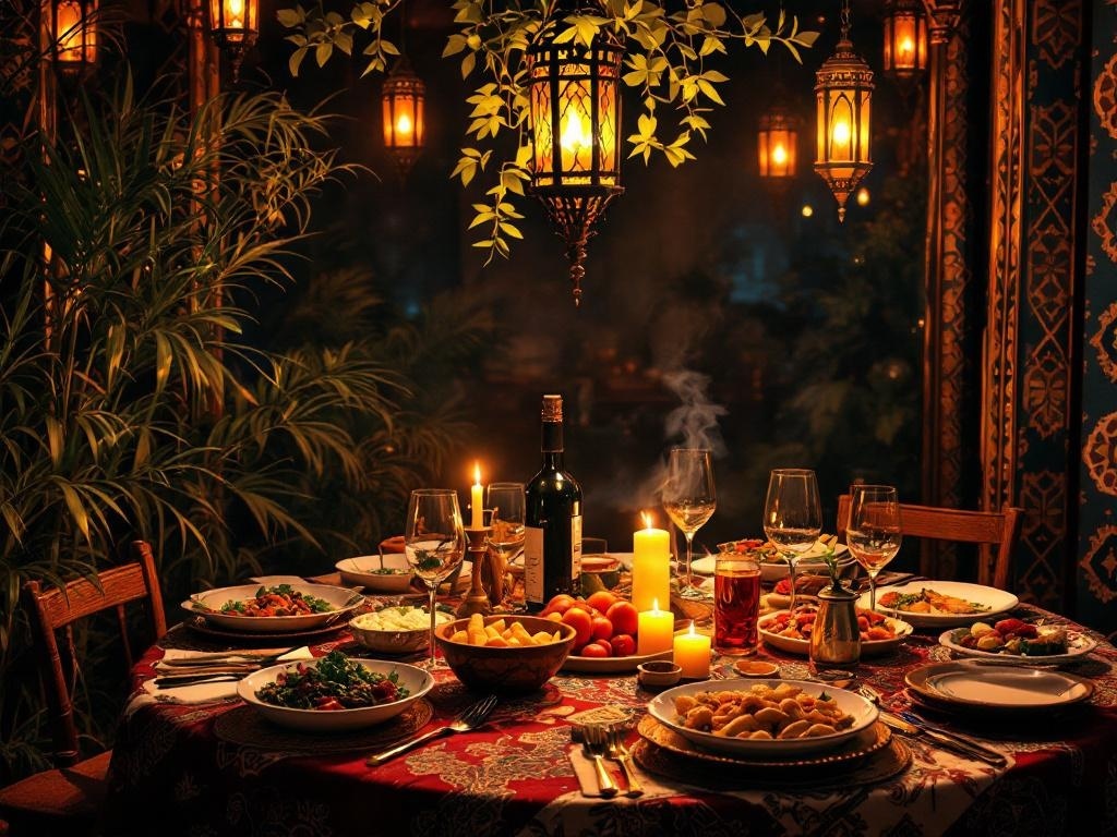 A beautifully set table for a Moroccan Lantern Night dinner party, featuring lanterns, candles, and a variety of dishes.
