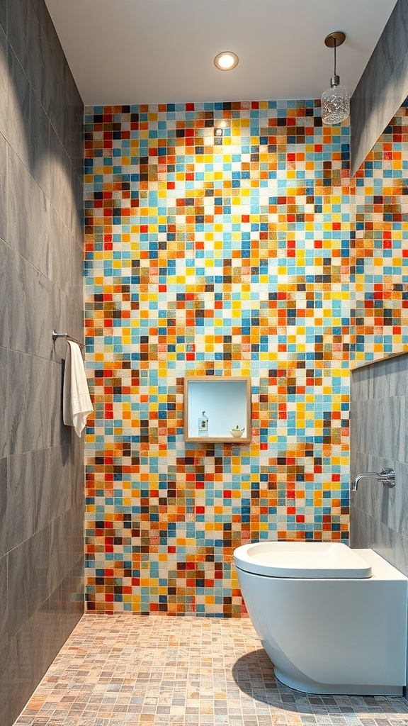 A vibrant mosaic art wall in a bathroom featuring colorful tiles with a modern design.