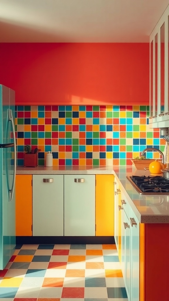 A colorful kitchen featuring a mosaic backsplash with vibrant squares and orange walls.